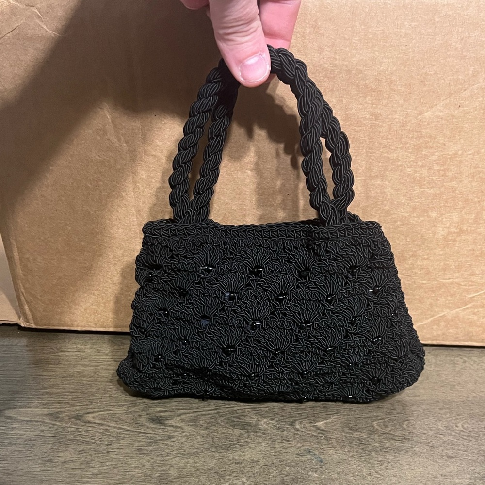 Elegant Black Handwoven Bag with bead details